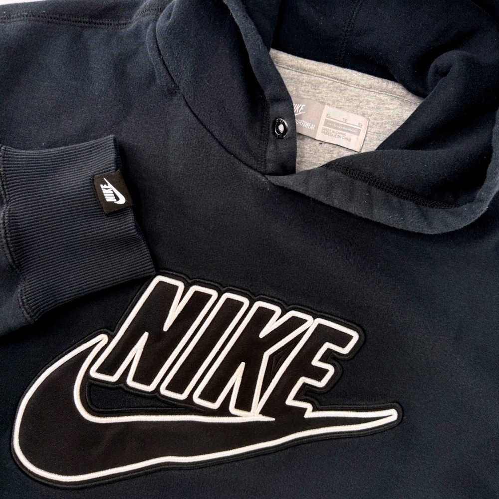 Y2k Nike Hoodie Sweatshirt Mens XL Black Pullover Embroider Raised Swoosh